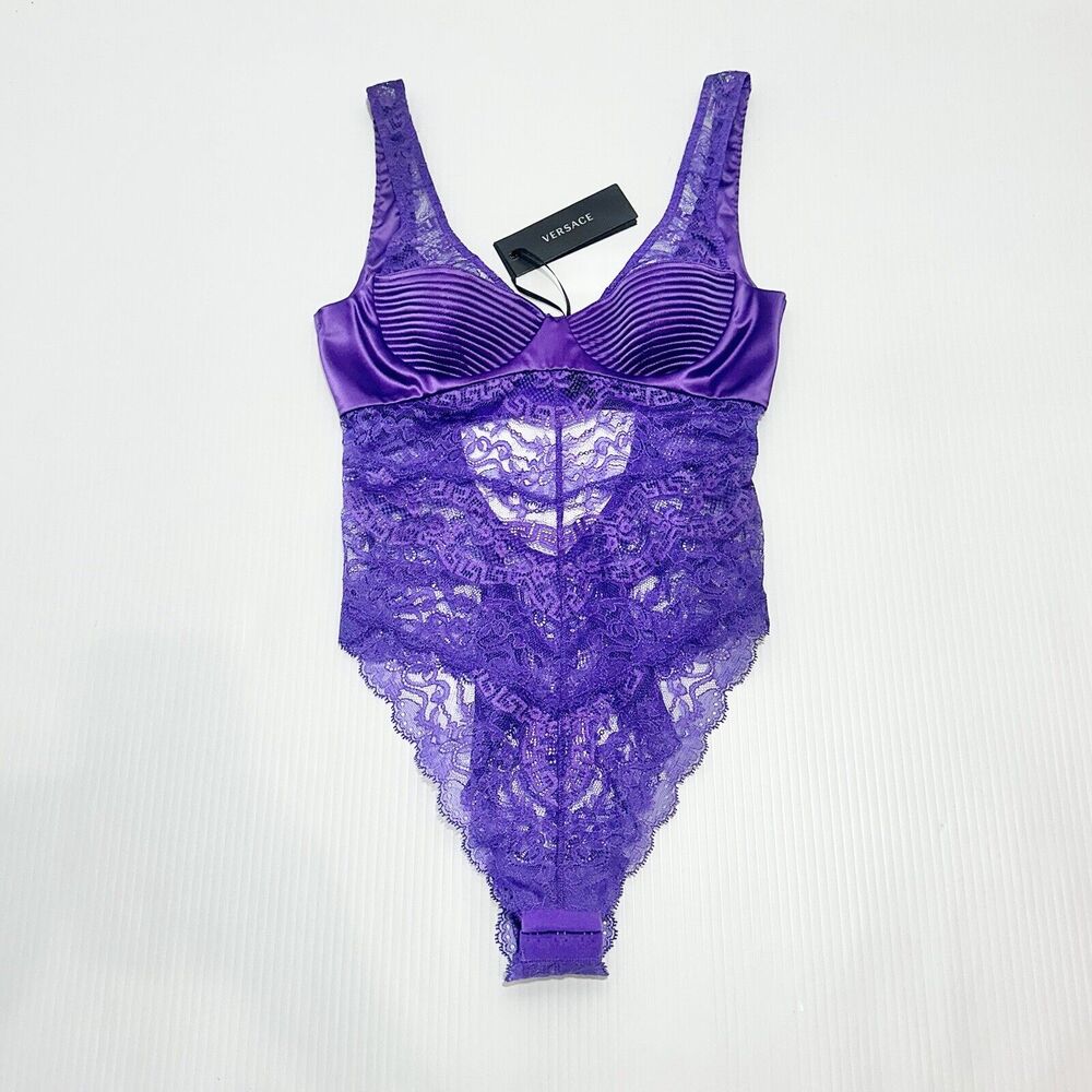 NWT Versace Runway SS23 Bodysuit Size 1C/ 32C/ XS Bustier Satin Lace Purple $875 - Picture 7 of 15